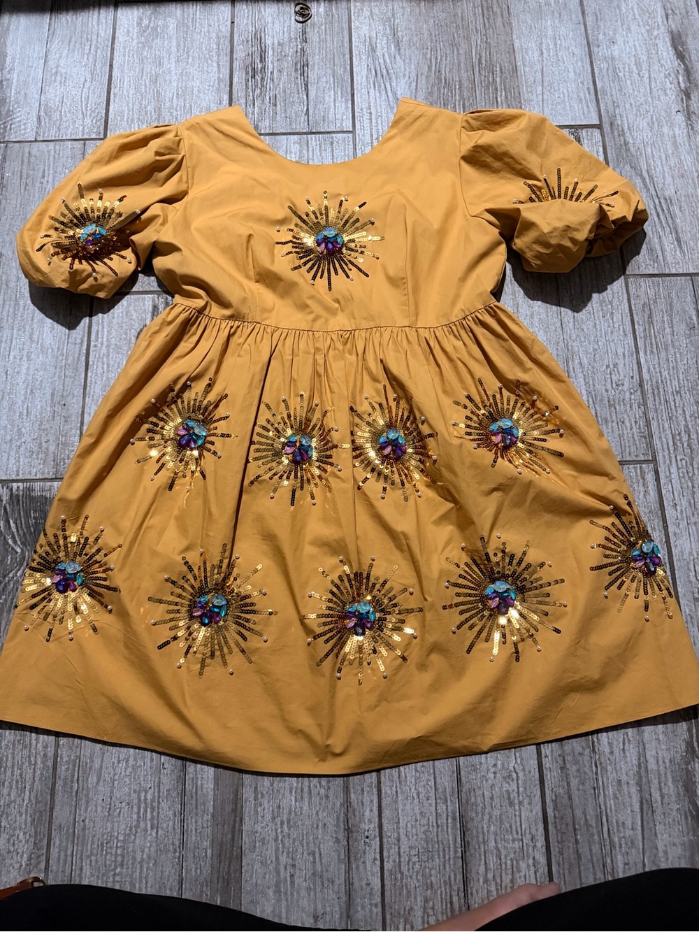 QUEEN OF SPARKLES Mustard Yellow Sequin Sunburst Puff-Sleeve Dress